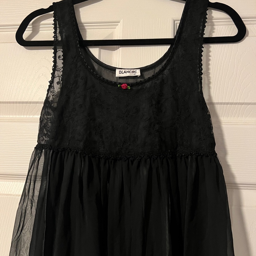 Blanche Vintage ILGWU Black Lace Witchy‎ Sheer Babydoll Dress Fairy Festival